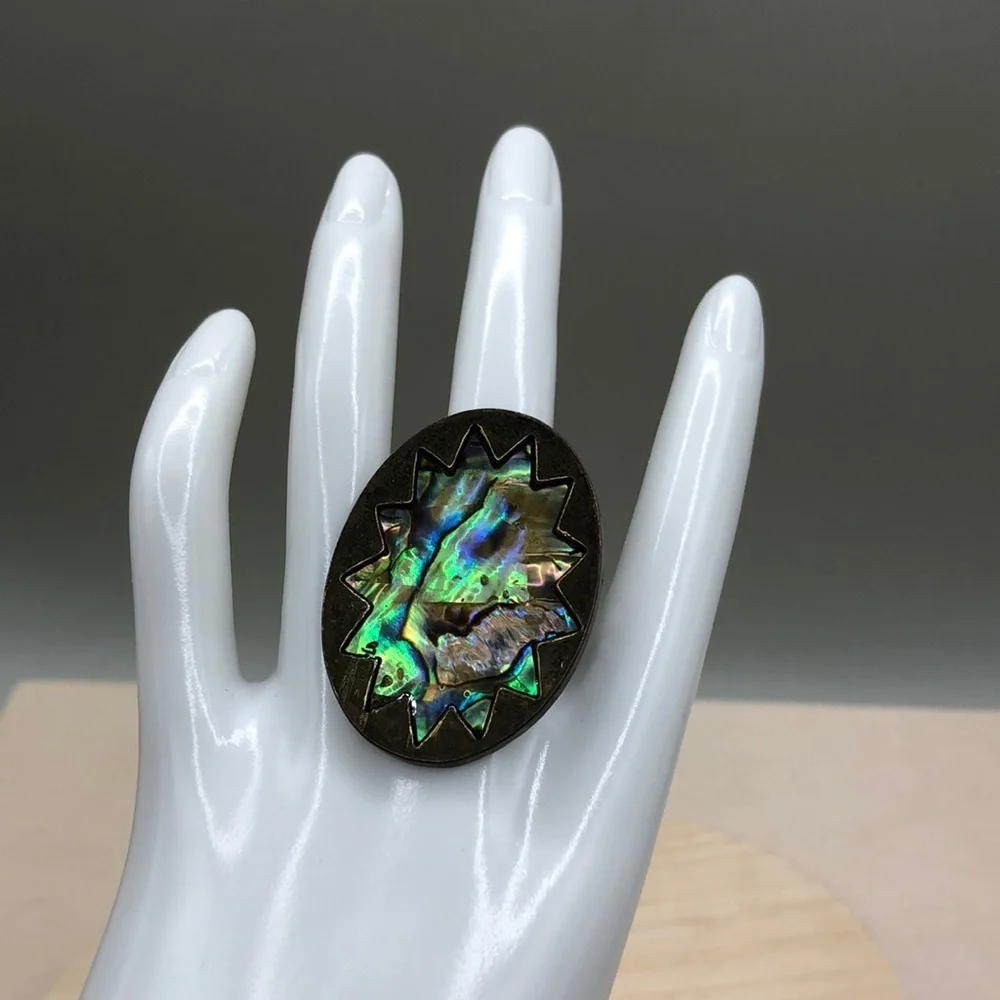 Antiqued brass tone abalone inlay star sun burst large big ring statement style